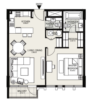 Floor plan of a 1BR, 749 ft2 in District One Residences, Dubai