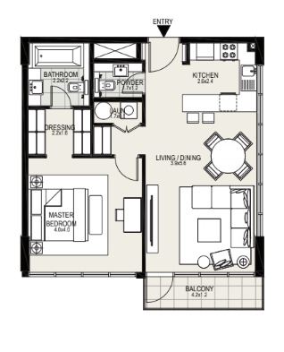 Floor plan of a 1BR, 763 ft2 in District One Residences, Dubai