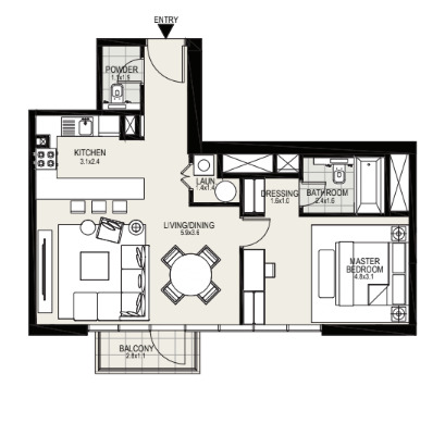 Floor plan of a 1BR, 718 ft2 in District One Residences, Dubai