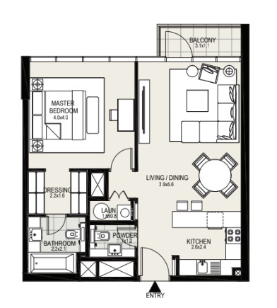 Floor plan of a 1BR, 745 ft2 in District One Residences, Dubai