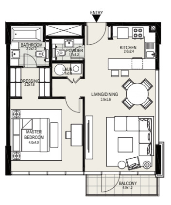 Floor plan of a 1BR, 763 ft2 in District One Residences, Dubai