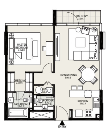 Floor plan of a 1BR, 765 ft2 in District One Residences, Dubai