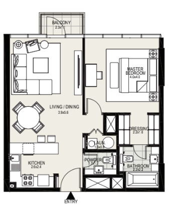 Floor plan of a 1BR, 735 ft2 in District One Residences, Dubai