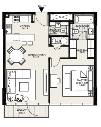 Floor plan of a 1BR, 760 ft2 in District One Residences, Dubai