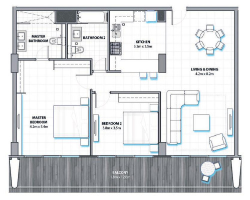 Planning of the apartment 2BR, 1373.8 ft2 in Al Hadeel, Abu Dhabi