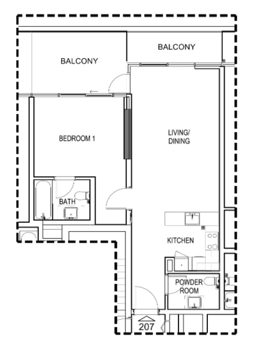 Floor plan of a 1BR, 944 ft2 in Damac Hills – Golf Terrace, Dubai