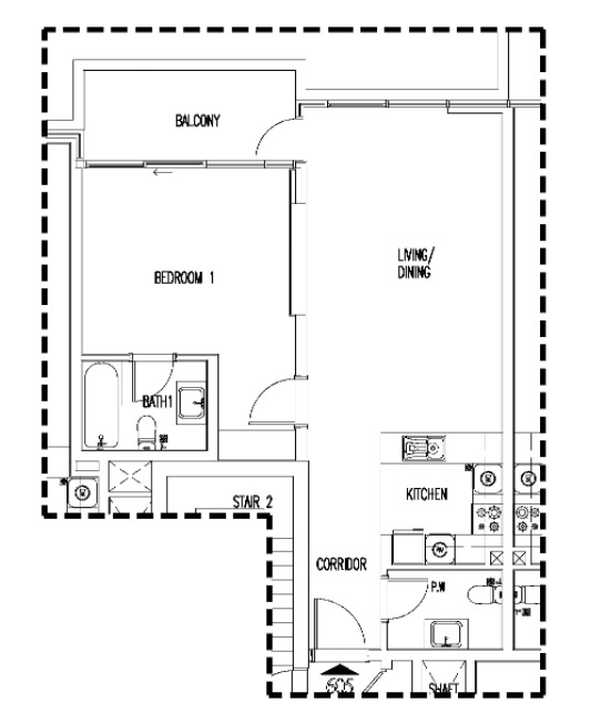 Planning of the apartment 1BR, 850 ft2 in Jasmine, Dubai