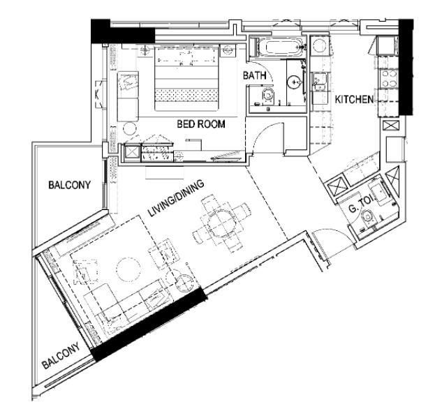Planning of the apartment 1BR, 948 ft2 in Maison Prive, Dubai