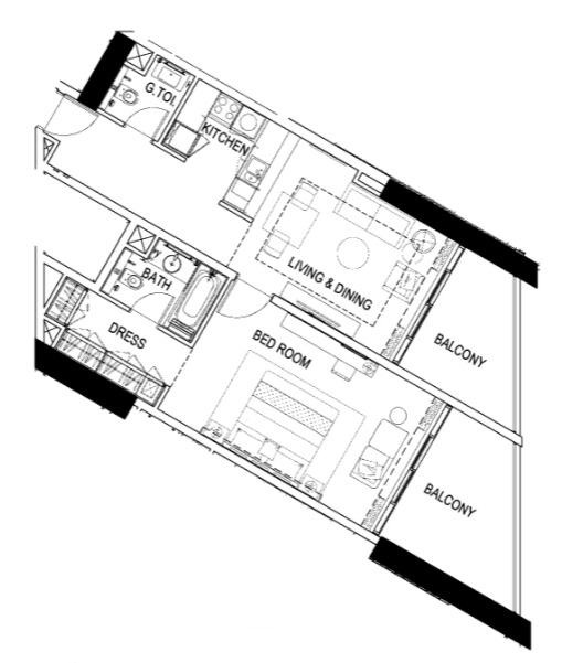 Planning of the apartment 1BR, 959 ft2 in Maison Prive, Dubai