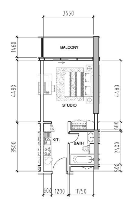 Planning of the apartment Studios, 408 ft2 in Bellavista, Dubai