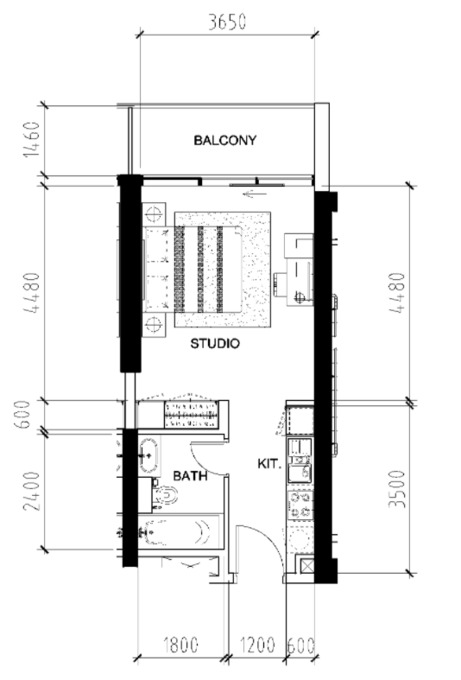 Planning of the apartment Studios, 413 ft2 in Bellavista, Dubai