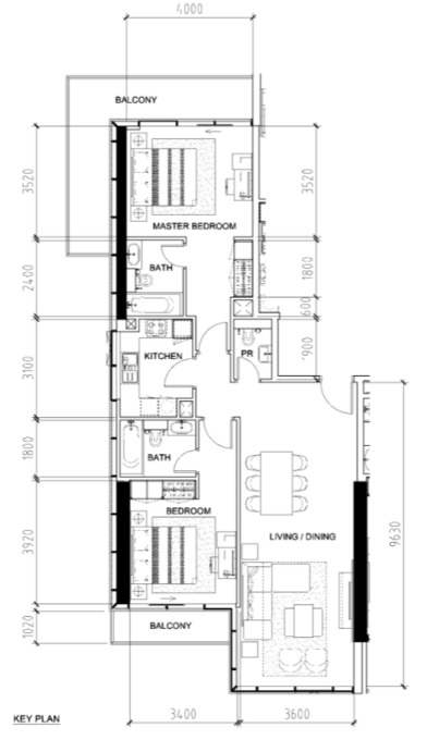 Planning of the apartment 2BR, 1327 ft2 in Bellavista, Dubai