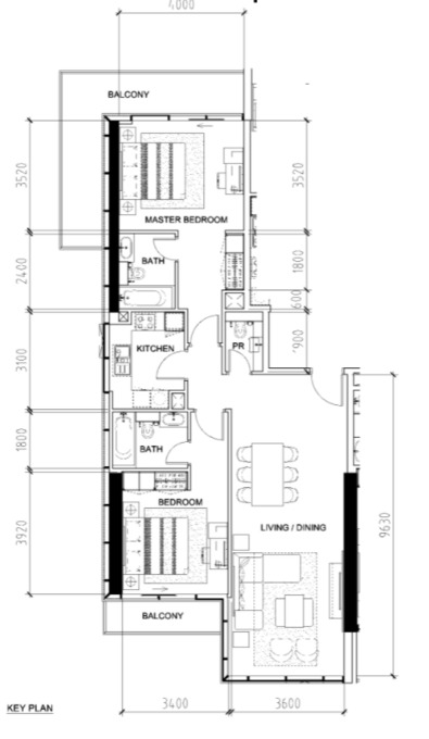 Planning of the apartment 2BR, 1327 ft2 in Bellavista, Dubai