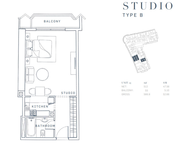 Planning of the apartment Studios, 566.9 ft2 in AG Tower Business Bay, Dubai