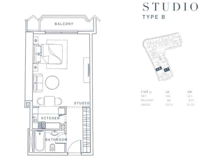 Planning of the apartment Studios, 552.5 ft2 in AG Tower Business Bay, Dubai