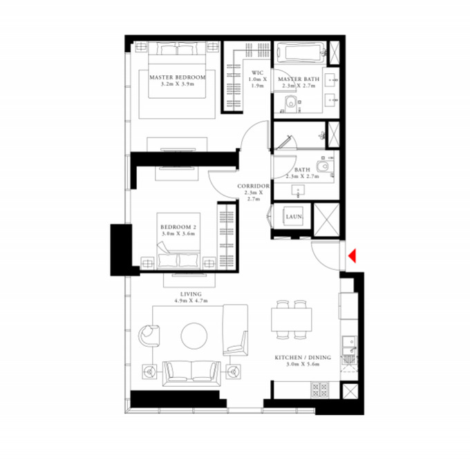 Floor plan of a 2BR, 1064 ft2 in Act One | Act Two, Dubai