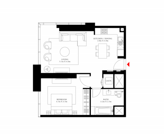 Floor plan of a 1BR, 740 ft2 in Act One | Act Two, Dubai