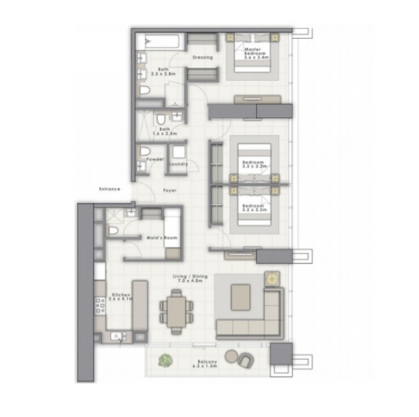 Floor plan of a 3BR, 1604 ft2 in Forte Apartments at Opera District, Dubai