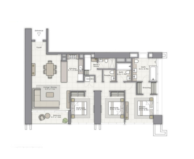 Floor plan of a 3BR, 1555 ft2 in Forte Apartments at Opera District, Dubai