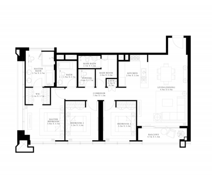 Floor plan of a 3BR, 1542 ft2 in Forte Apartments at Opera District, Dubai
