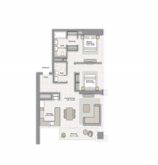 Floor plan of a 2BR, 1190 ft2 in Forte Apartments at Opera District, Dubai