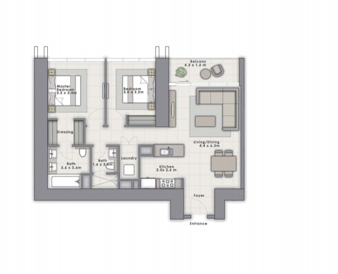 Floor plan of a 2BR, 1099 ft2 in Forte Apartments at Opera District, Dubai