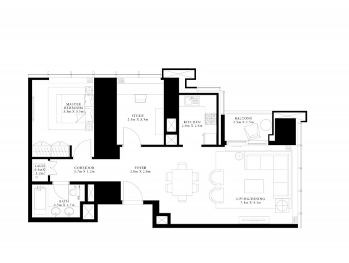 Floor plan of a 1BR, 1114 ft2 in Forte Apartments at Opera District, Dubai