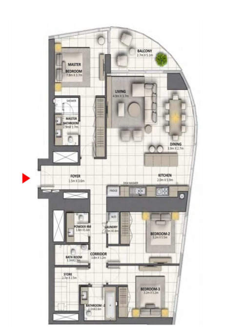 Planning of the apartment 3BR, 1861 ft2 in Grande at Opera District, Dubai