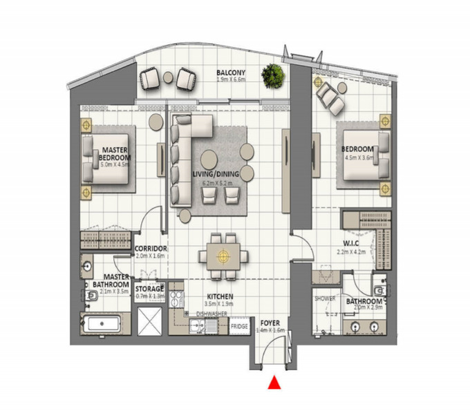 Planning of the apartment 2BR, 1482 ft2 in Grande at Opera District, Dubai