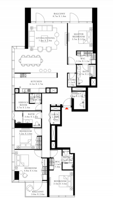 Floor plan of a 4BR, 2549 ft2 in Downtown Views II, Dubai