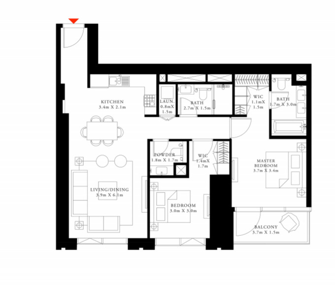 Floor plan of a 2BR, 1151 ft2 in Downtown Views II, Dubai