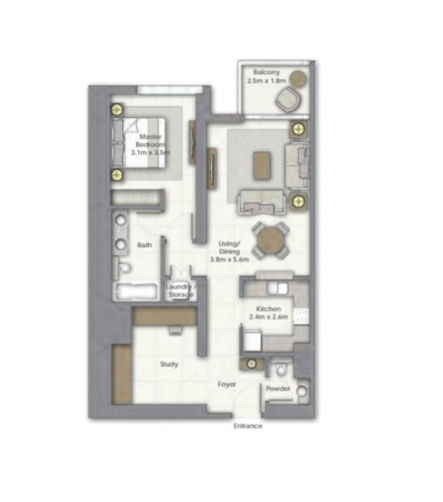 Planning of the apartment 1BR, 992 ft2 in Boulevard Point, Dubai