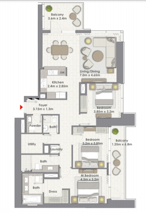 Planning of the apartment 3BR, 1643 ft2 in Creek Rise Towers, Dubai