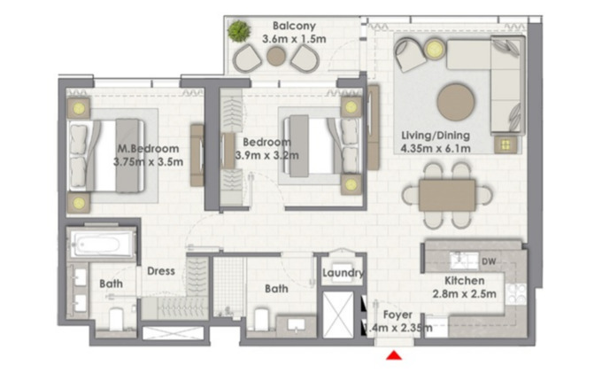 Planning of the apartment 2BR, 1103 ft2 in Creek Rise Towers, Dubai