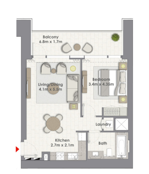 Planning of the apartment 1BR, 831 ft2 in Creek Rise Towers, Dubai
