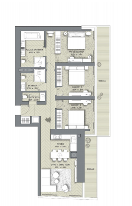 Planning of the apartment 3BR, 1781 ft2 in The Address Residences Dubai Opera, Dubai