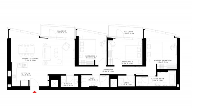 Planning of the apartment 3BR, 1651 ft2 in The Address Residences Dubai Opera, Dubai