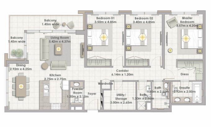 Planning of the apartment 3BR, 1747 ft2 in The Cove, Dubai