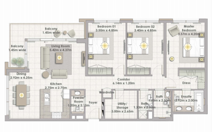 Planning of the apartment 3BR, 1747 ft2 in The Cove, Dubai