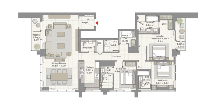 Planning of the apartment 3BR, 2073 ft2 in Harbour Views Apartments, Dubai