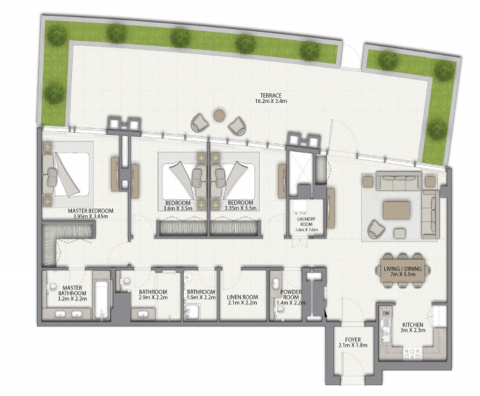 Planning of the apartment 3BR, 2281 ft2 in Harbour Gate, Dubai