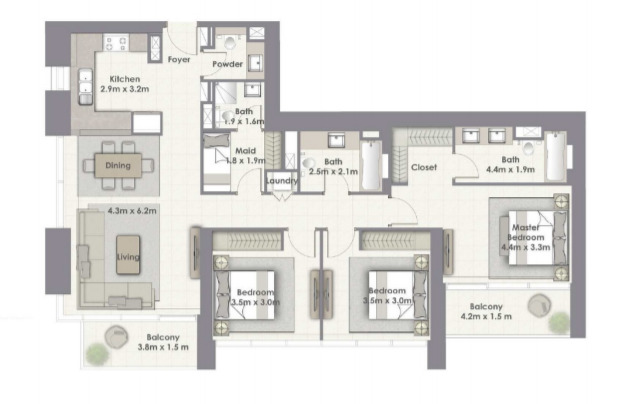 Planning of the apartment 3BR, 1630 ft2 in Creekside 18, Dubai