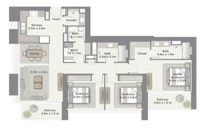 Planning of the apartment 3BR, 1632 ft2 in Creekside 18, Dubai