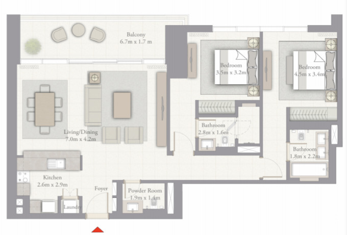 Planning of the apartment 2BR, 1327 ft2 in Creekside 18, Dubai