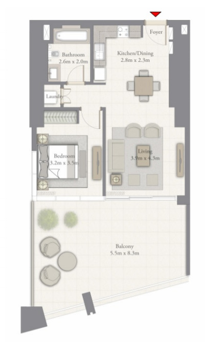 Planning of the apartment 1BR, 1050 ft2 in Creekside 18, Dubai