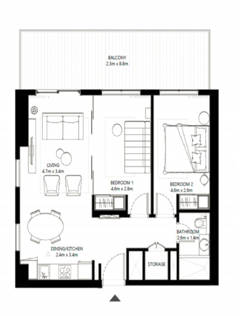 Floor plan of a 2BR, 931 ft2 in Collective 2.0, Dubai