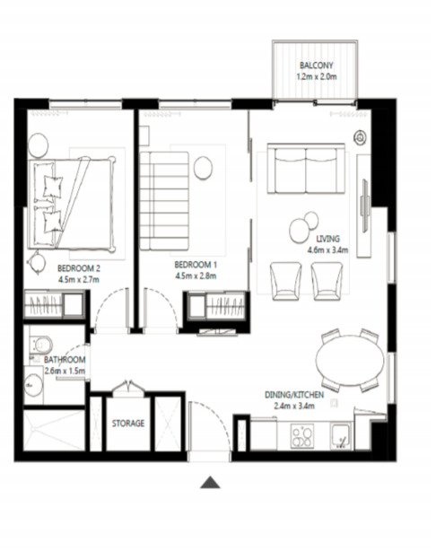 Floor plan of a 2BR, 742 ft2 in Collective 2.0, Dubai
