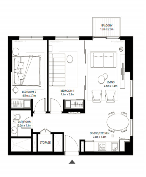 Floor plan of a 2BR, 742 ft2 in Collective 2.0, Dubai