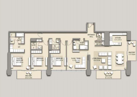 Planning of the apartment 3BR, 2529 ft2 in Boulevard Heights, Dubai