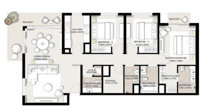 Planning of the apartment 3BR, 1568 ft2 in Green Square, Dubai